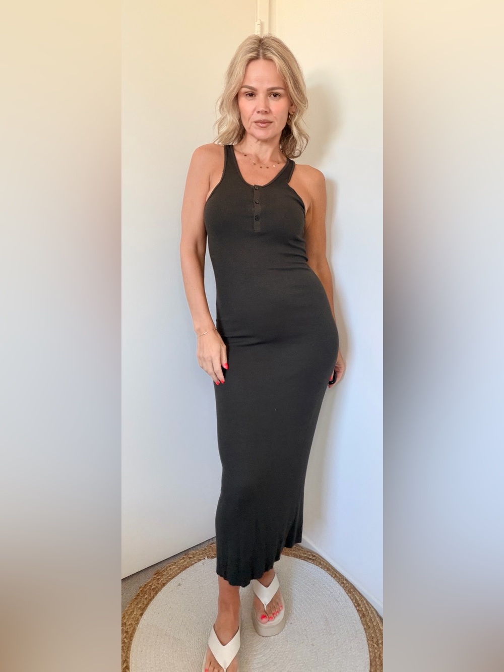 Enza Costa Silk Rib Henley Tank Midi Dress Gray